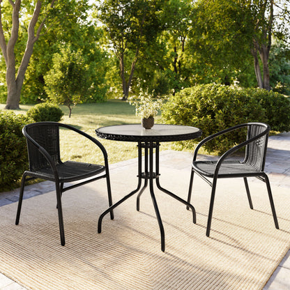 Flash Furniture TLH-087RD-037BK2-GG 28" RD Glass Metal Table with Black Rattan Edging & 2 Black Rattan Stack Chairs - View 8