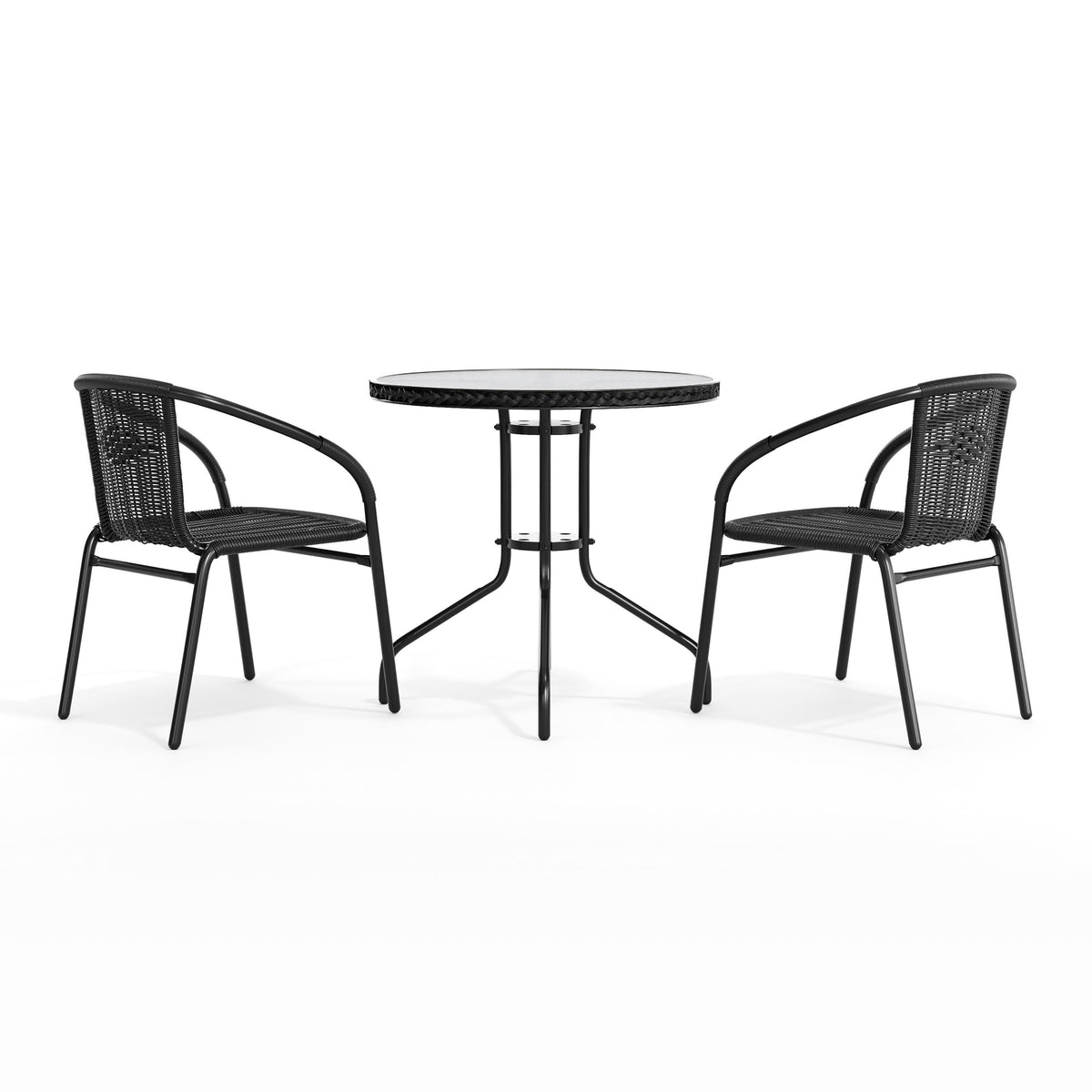 Flash Furniture TLH-087RD-037BK2-GG 28" RD Glass Metal Table with Black Rattan Edging & 2 Black Rattan Stack Chairs - View 9