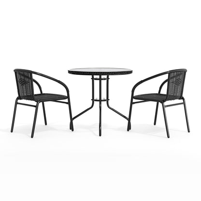 Flash Furniture TLH-087RD-037BK2-GG 28" RD Glass Metal Table with Black Rattan Edging & 2 Black Rattan Stack Chairs - View 9