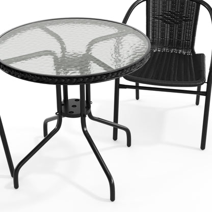 Flash Furniture TLH-087RD-037BK2-GG 28" RD Glass Metal Table with Black Rattan Edging & 2 Black Rattan Stack Chairs - View 10