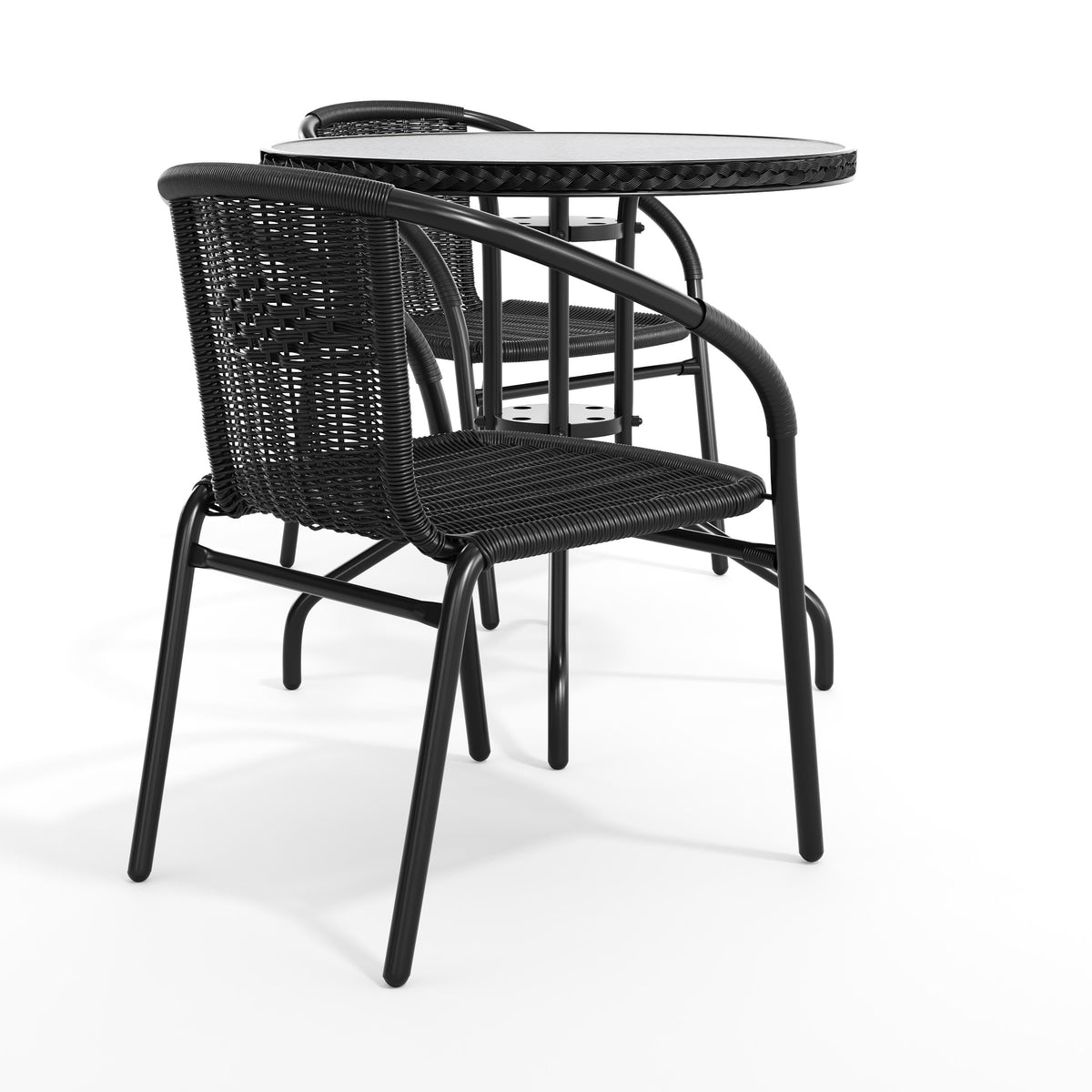 Flash Furniture TLH-087RD-037BK2-GG 28" RD Glass Metal Table with Black Rattan Edging & 2 Black Rattan Stack Chairs - View 11