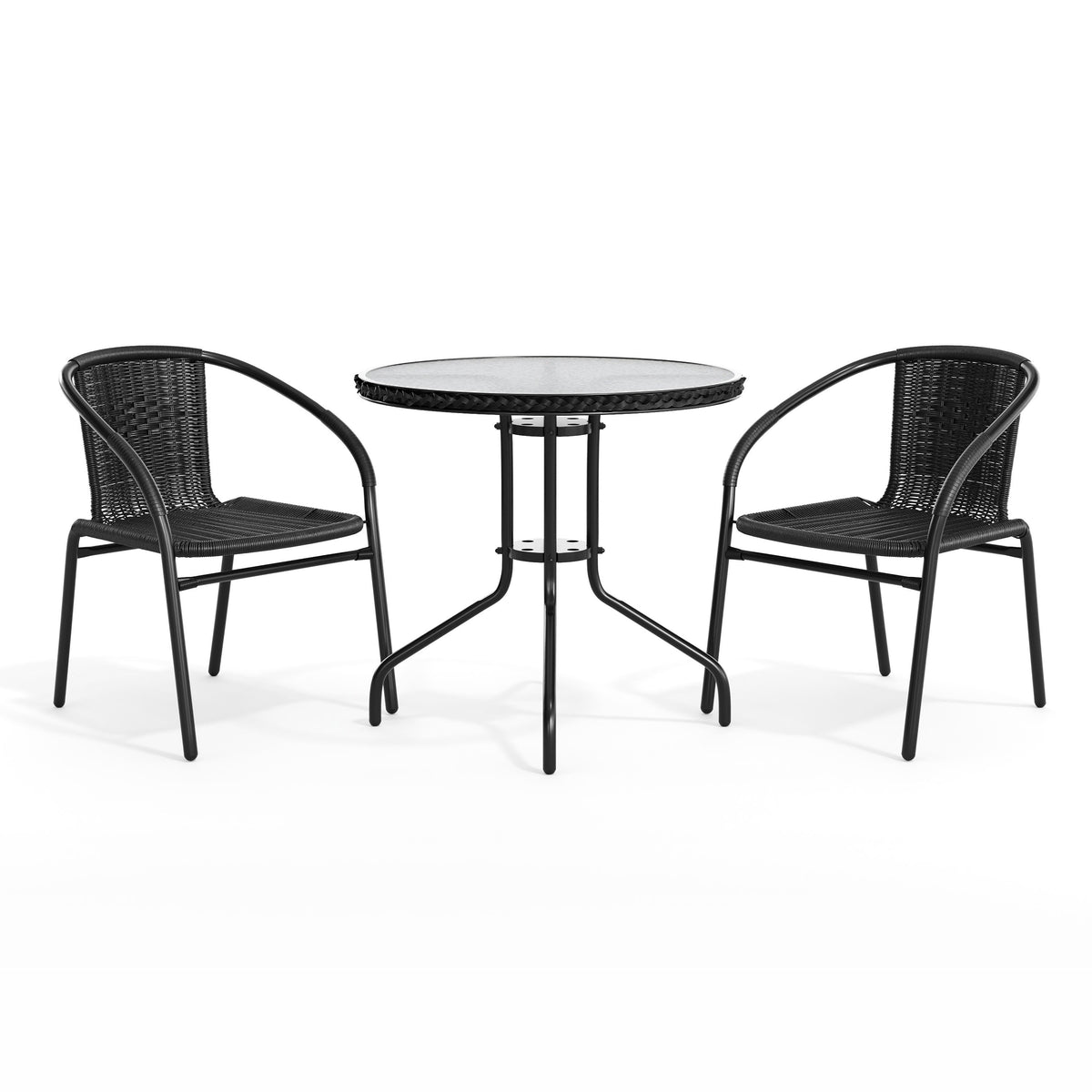 Flash Furniture TLH-087RD-037BK2-GG 28" RD Glass Metal Table with Black Rattan Edging & 2 Black Rattan Stack Chairs - View 12