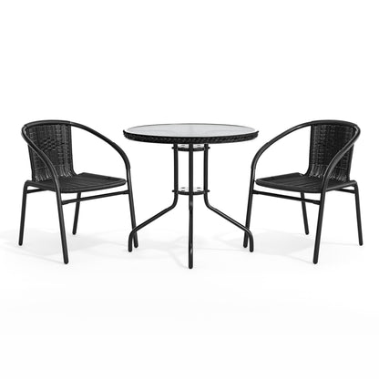Flash Furniture TLH-087RD-037BK2-GG 28" RD Glass Metal Table with Black Rattan Edging & 2 Black Rattan Stack Chairs - View 12