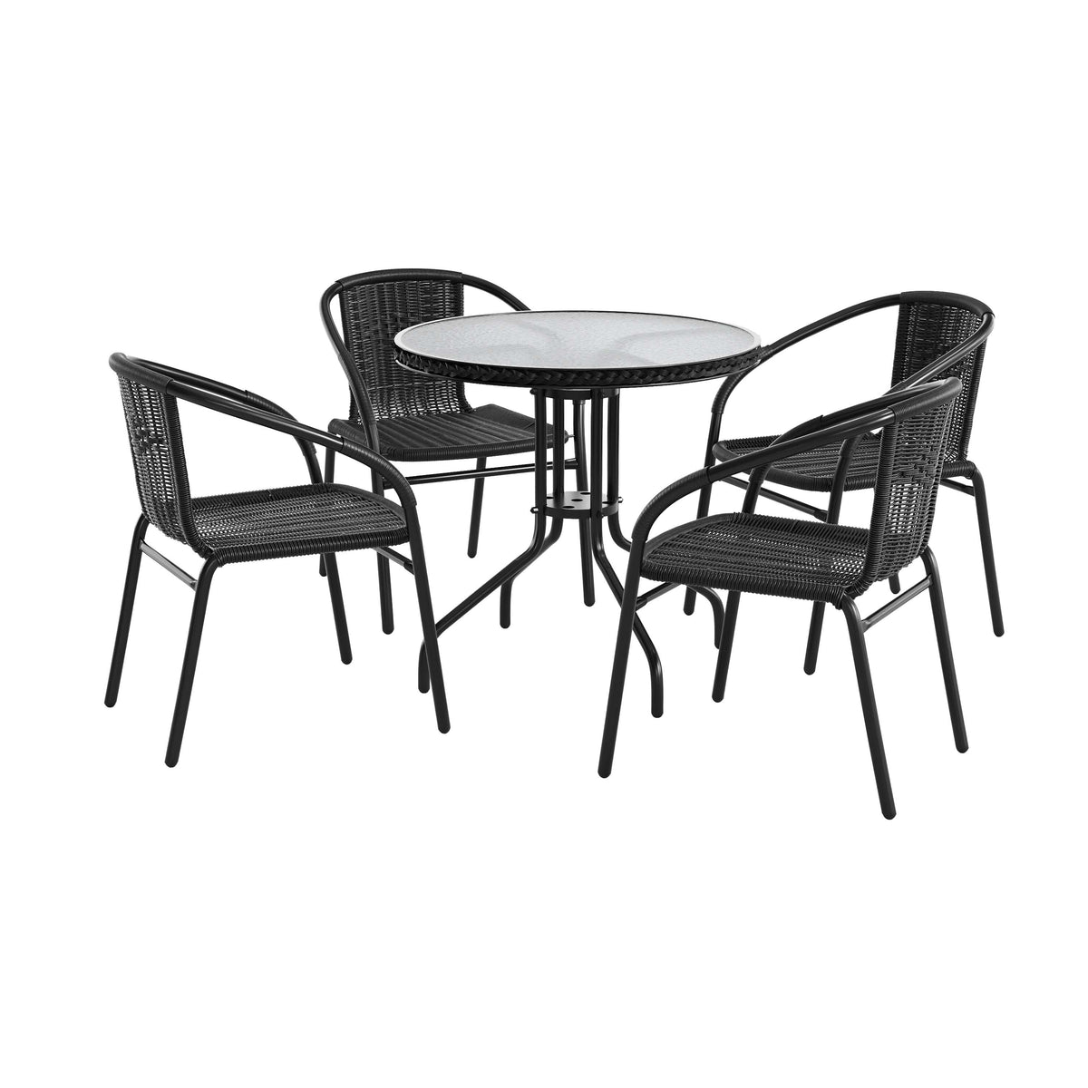 Flash Furniture TLH-087RD-037BK4-GG 28" RD Glass Metal Table with Black Rattan Edging & 4 Black Rattan Stack Chairs - Main view