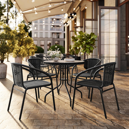 Flash Furniture TLH-087RD-037BK4-GG 28" RD Glass Metal Table with Black Rattan Edging & 4 Black Rattan Stack Chairs - View 2