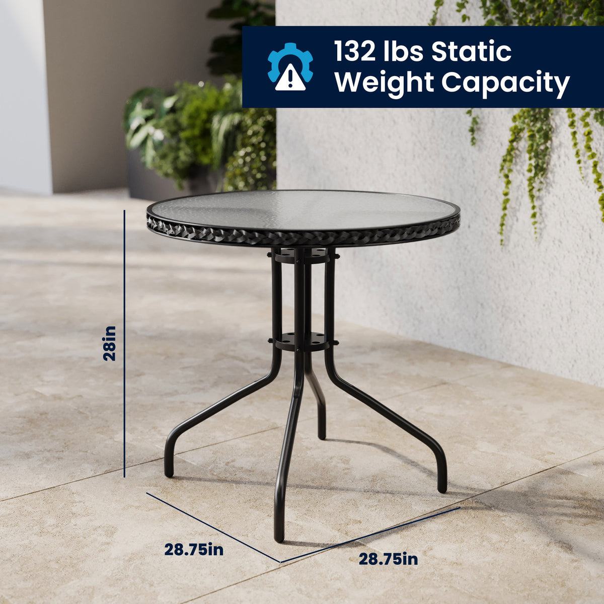 Flash Furniture TLH-087RD-037BK4-GG 28" RD Glass Metal Table with Black Rattan Edging & 4 Black Rattan Stack Chairs - View 7