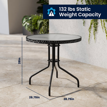 Flash Furniture TLH-087RD-037BK4-GG 28" RD Glass Metal Table with Black Rattan Edging & 4 Black Rattan Stack Chairs - View 7