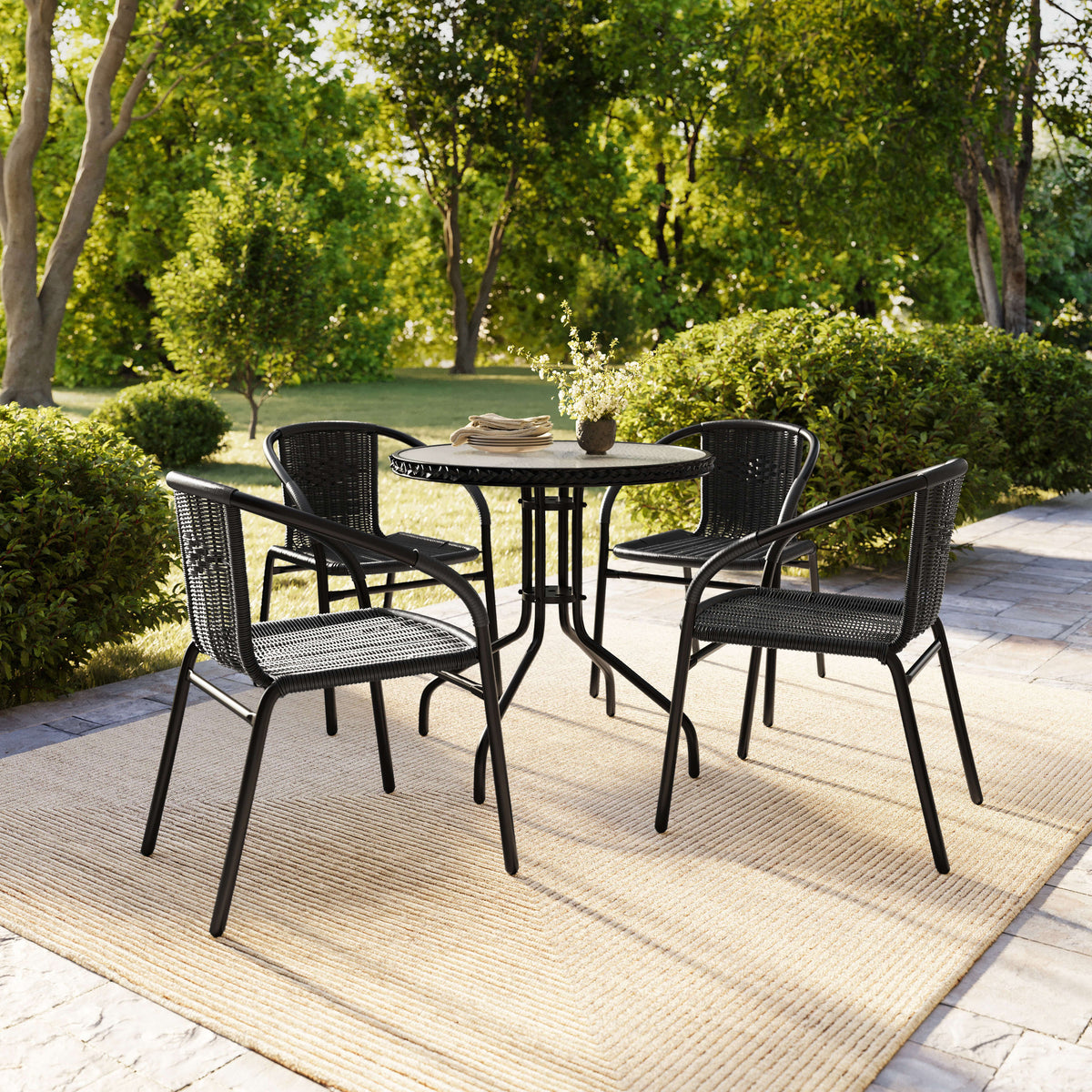 Flash Furniture TLH-087RD-037BK4-GG 28" RD Glass Metal Table with Black Rattan Edging & 4 Black Rattan Stack Chairs - View 8