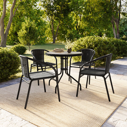 Flash Furniture TLH-087RD-037BK4-GG 28" RD Glass Metal Table with Black Rattan Edging & 4 Black Rattan Stack Chairs - View 8