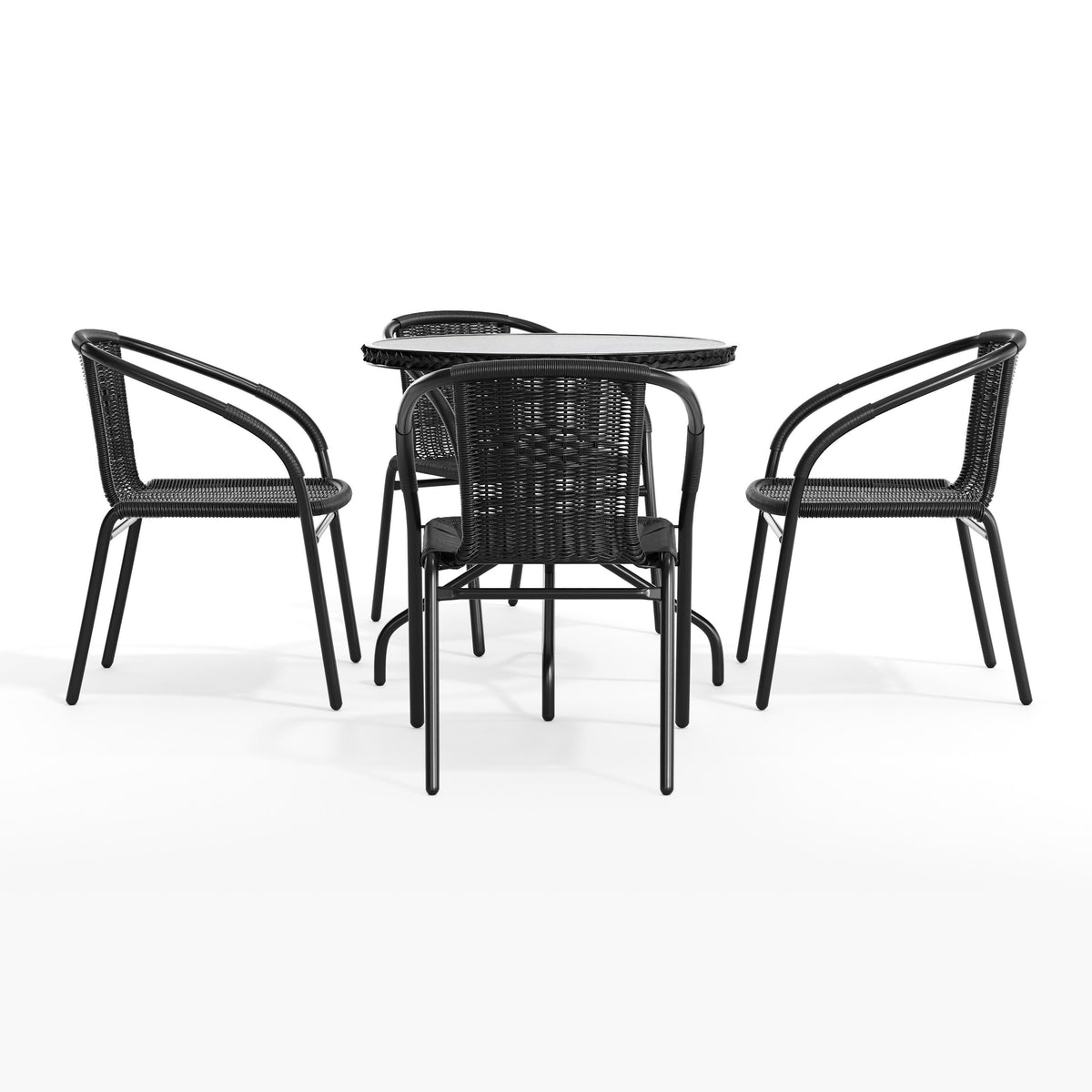 Flash Furniture TLH-087RD-037BK4-GG 28" RD Glass Metal Table with Black Rattan Edging & 4 Black Rattan Stack Chairs - View 9