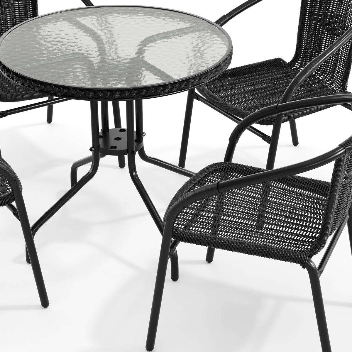 Flash Furniture TLH-087RD-037BK4-GG 28" RD Glass Metal Table with Black Rattan Edging & 4 Black Rattan Stack Chairs - View 10