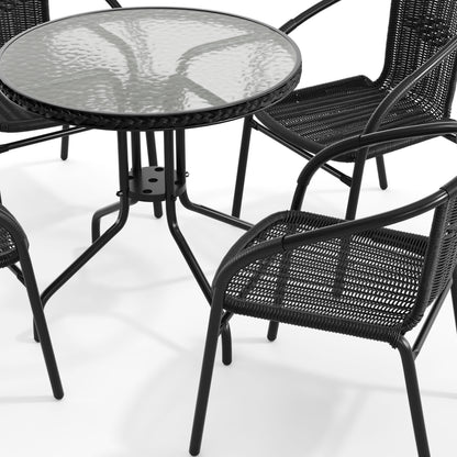 Flash Furniture TLH-087RD-037BK4-GG 28" RD Glass Metal Table with Black Rattan Edging & 4 Black Rattan Stack Chairs - View 10