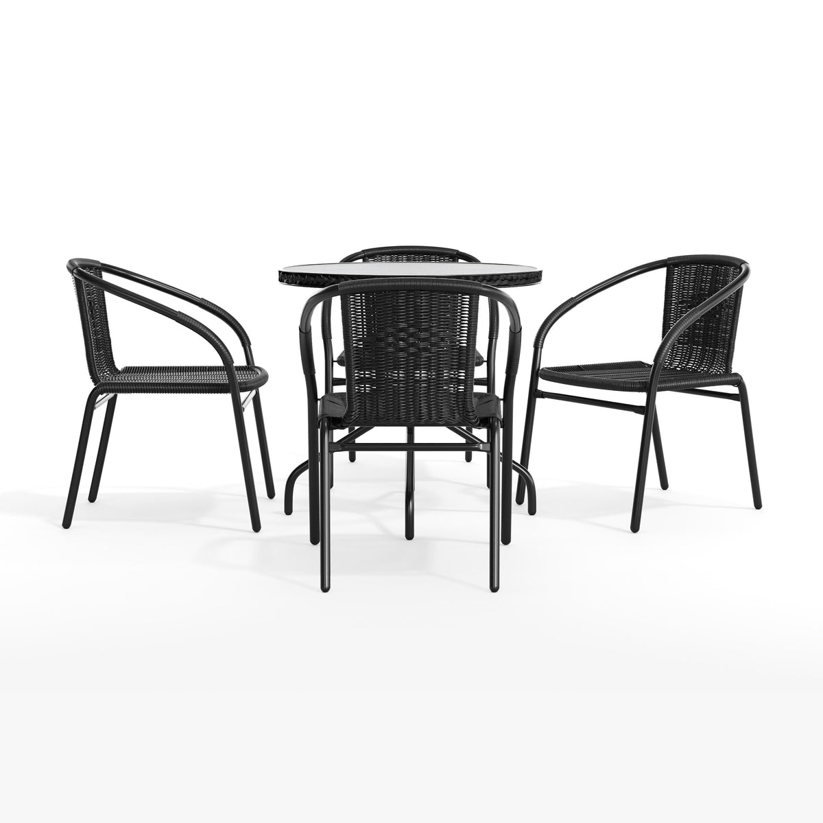 Flash Furniture TLH-087RD-037BK4-GG 28" RD Glass Metal Table with Black Rattan Edging & 4 Black Rattan Stack Chairs - View 11