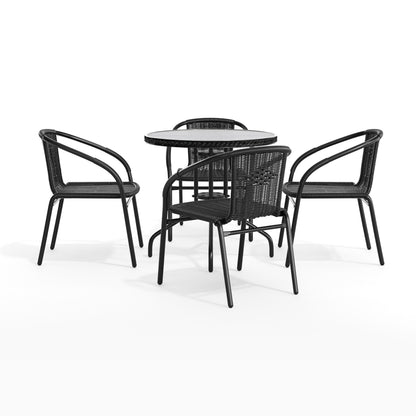 Flash Furniture TLH-087RD-037BK4-GG 28" RD Glass Metal Table with Black Rattan Edging & 4 Black Rattan Stack Chairs - View 12