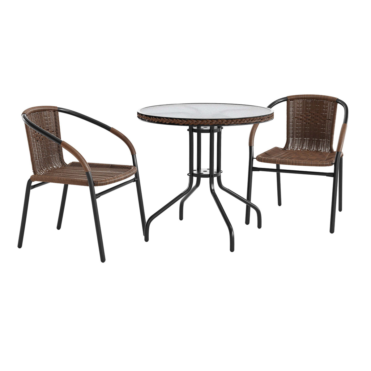 Flash Furniture TLH-087RD-037BN2-GG 28" RD Glass Metal Table w/ Dk Brown Rattan Edging & 2 Dk Brown Rattan Chairs (Dark Brown) - Main view