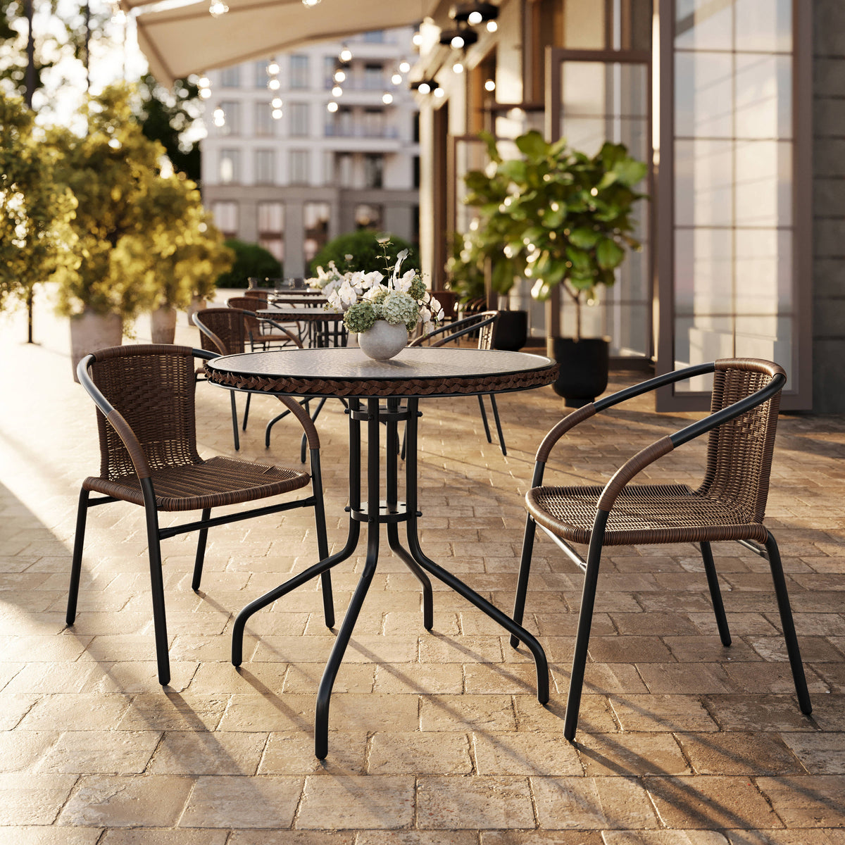 Flash Furniture TLH-087RD-037BN2-GG 28" RD Glass Metal Table w/ Dk Brown Rattan Edging & 2 Dk Brown Rattan Chairs (Dark Brown) - View 2