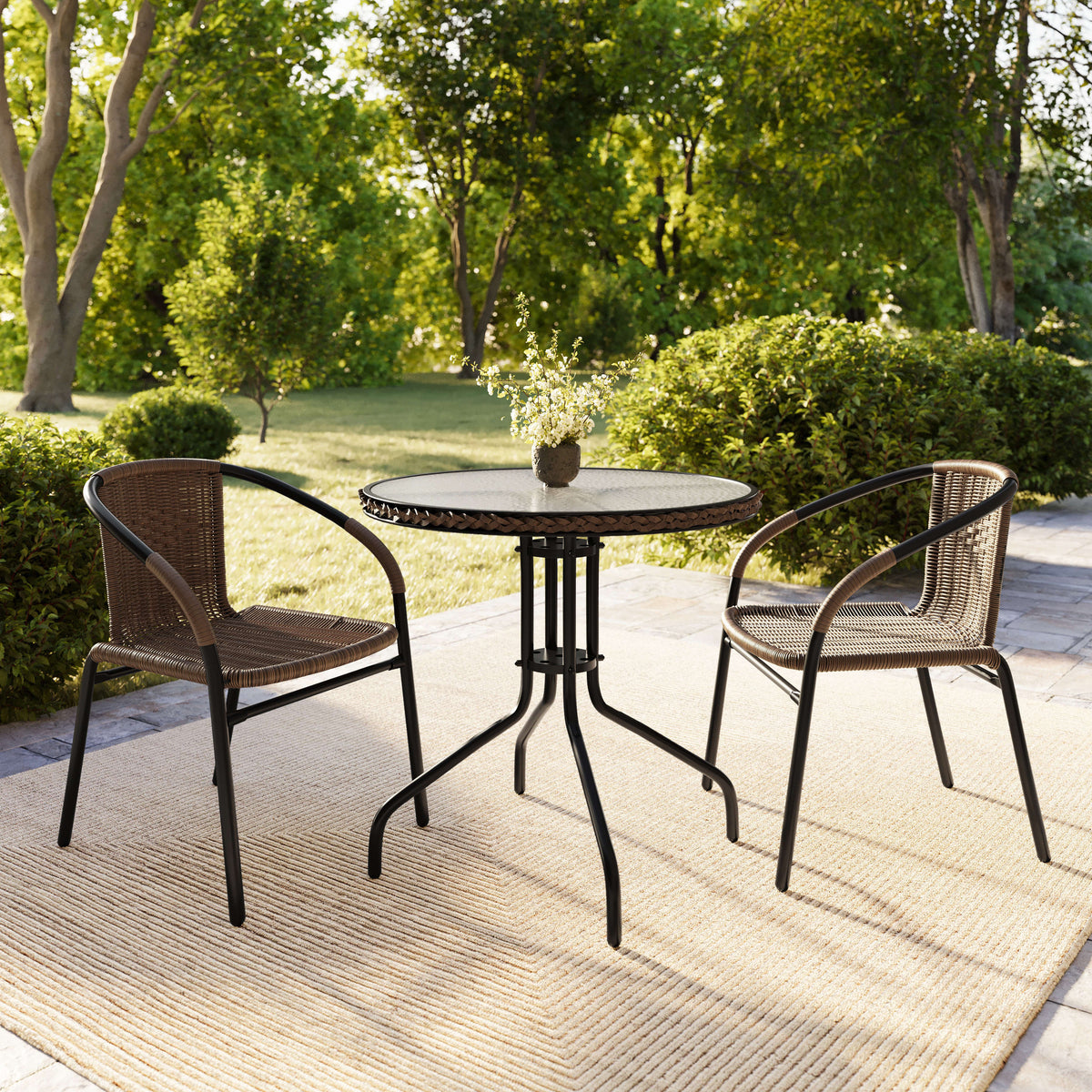 Flash Furniture TLH-087RD-037BN2-GG 28" RD Glass Metal Table w/ Dk Brown Rattan Edging & 2 Dk Brown Rattan Chairs (Dark Brown) - View 8