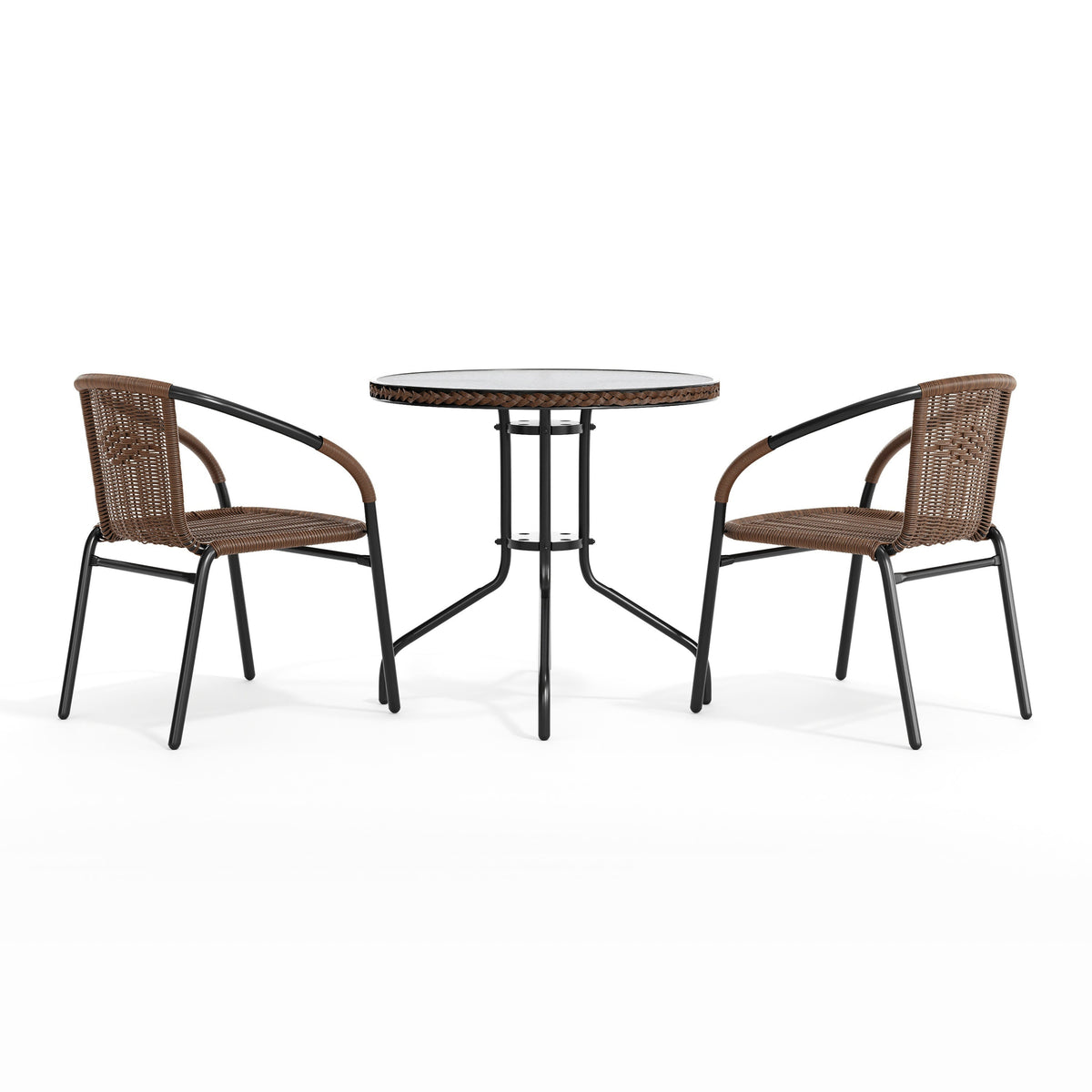 Flash Furniture TLH-087RD-037BN2-GG 28" RD Glass Metal Table w/ Dk Brown Rattan Edging & 2 Dk Brown Rattan Chairs (Dark Brown) - View 9
