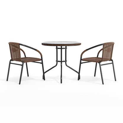Flash Furniture TLH-087RD-037BN2-GG 28" RD Glass Metal Table w/ Dk Brown Rattan Edging & 2 Dk Brown Rattan Chairs (Dark Brown) - View 9