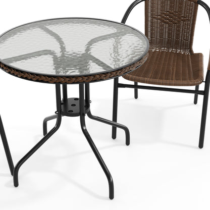 Flash Furniture TLH-087RD-037BN2-GG 28" RD Glass Metal Table w/ Dk Brown Rattan Edging & 2 Dk Brown Rattan Chairs (Dark Brown) - View 10