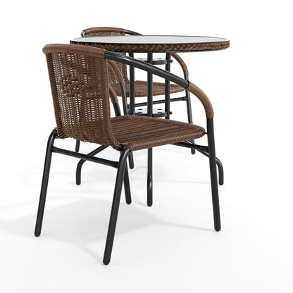Flash Furniture TLH-087RD-037BN2-GG 28" RD Glass Metal Table w/ Dk Brown Rattan Edging & 2 Dk Brown Rattan Chairs (Dark Brown) - View 11