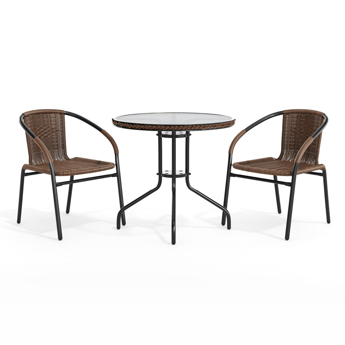 Flash Furniture TLH-087RD-037BN2-GG 28" RD Glass Metal Table w/ Dk Brown Rattan Edging & 2 Dk Brown Rattan Chairs (Dark Brown) - View 12