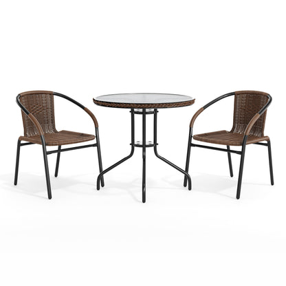 Flash Furniture TLH-087RD-037BN2-GG 28" RD Glass Metal Table w/ Dk Brown Rattan Edging & 2 Dk Brown Rattan Chairs (Dark Brown) - View 12