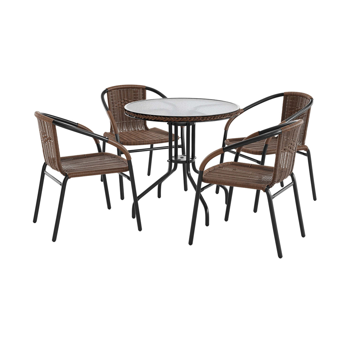 Flash Furniture TLH-087RD-037BN4-GG 28" RD Glass Metal Table w/ Dk Brown Rattan Edging & 4 Dk Brown Rattan Chairs (Dark Brown) - Main view