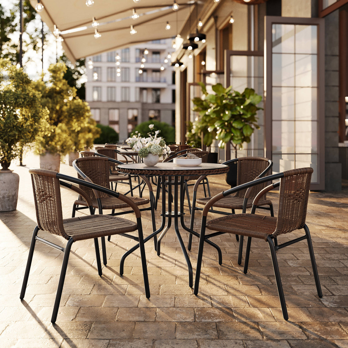 Flash Furniture TLH-087RD-037BN4-GG 28" RD Glass Metal Table w/ Dk Brown Rattan Edging & 4 Dk Brown Rattan Chairs (Dark Brown) - View 2