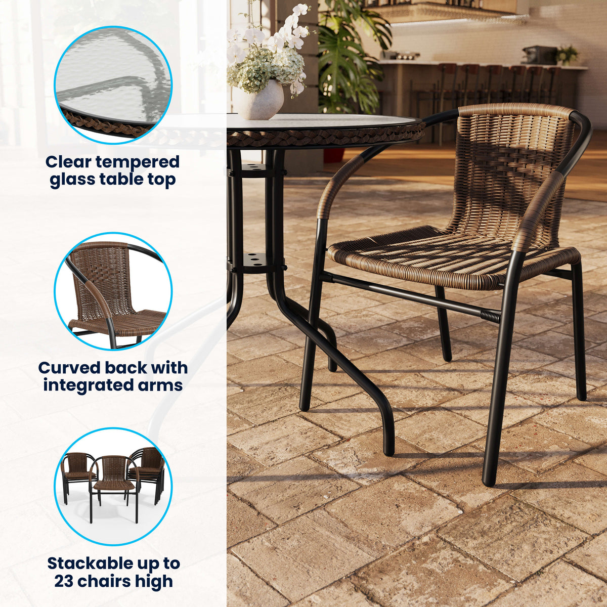 Flash Furniture TLH-087RD-037BN4-GG 28" RD Glass Metal Table w/ Dk Brown Rattan Edging & 4 Dk Brown Rattan Chairs (Dark Brown) - View 3