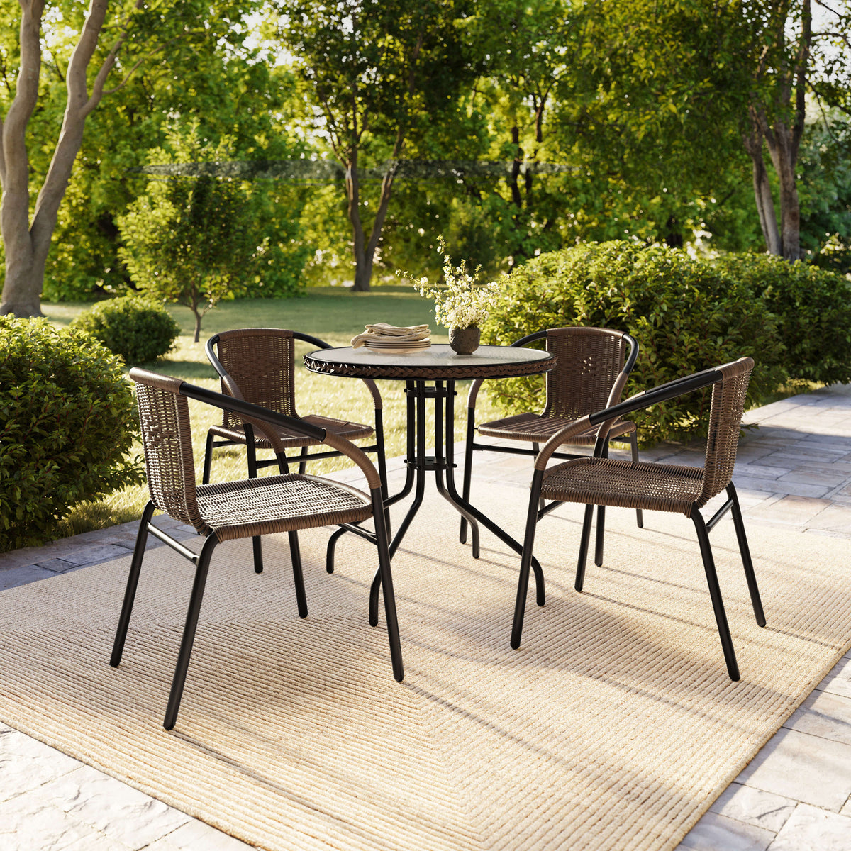 Flash Furniture TLH-087RD-037BN4-GG 28" RD Glass Metal Table w/ Dk Brown Rattan Edging & 4 Dk Brown Rattan Chairs (Dark Brown) - View 8