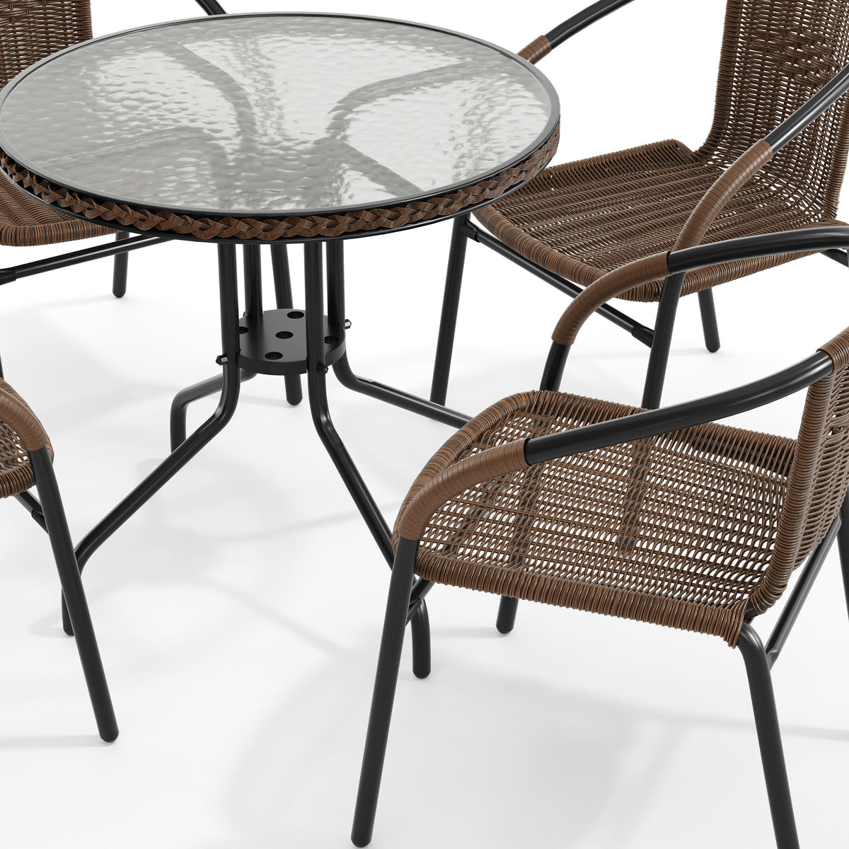 Flash Furniture TLH-087RD-037BN4-GG 28" RD Glass Metal Table w/ Dk Brown Rattan Edging & 4 Dk Brown Rattan Chairs (Dark Brown) - View 10