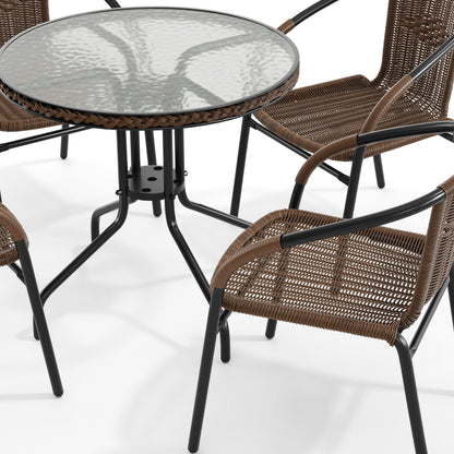 Flash Furniture TLH-087RD-037BN4-GG 28" RD Glass Metal Table w/ Dk Brown Rattan Edging & 4 Dk Brown Rattan Chairs (Dark Brown) - View 10