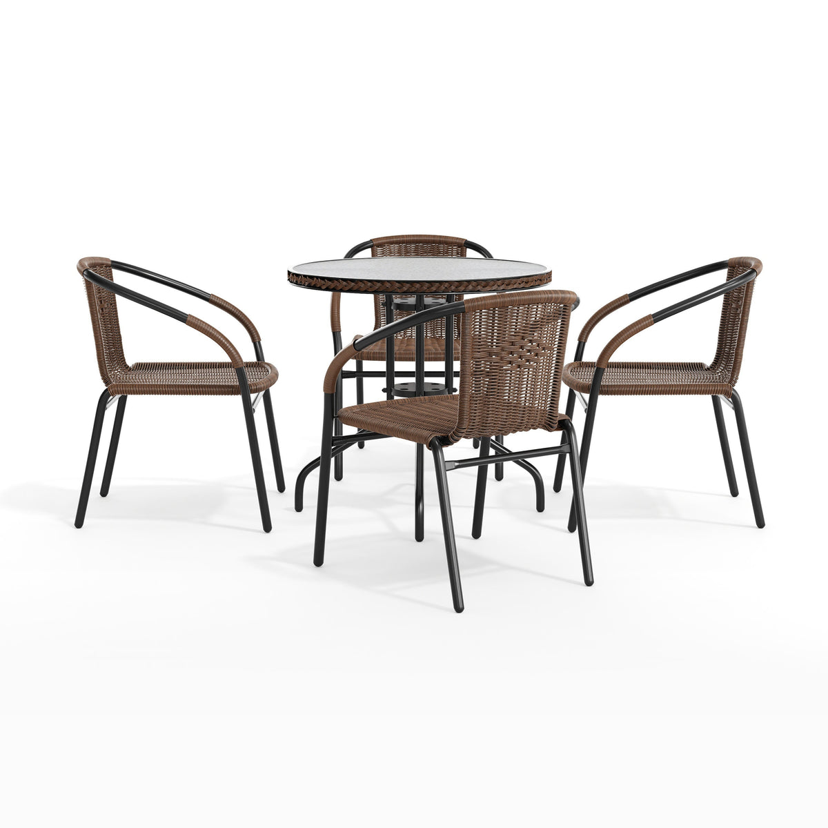 Flash Furniture TLH-087RD-037BN4-GG 28" RD Glass Metal Table w/ Dk Brown Rattan Edging & 4 Dk Brown Rattan Chairs (Dark Brown) - View 12