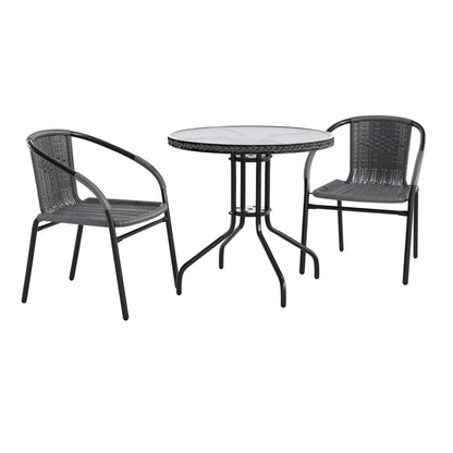 Flash Furniture TLH-087RD-037GY2-GG 28" RD Glass Metal Table with Gray Rattan Edging and 2 Gray Rattan Stack Chairs - Main view