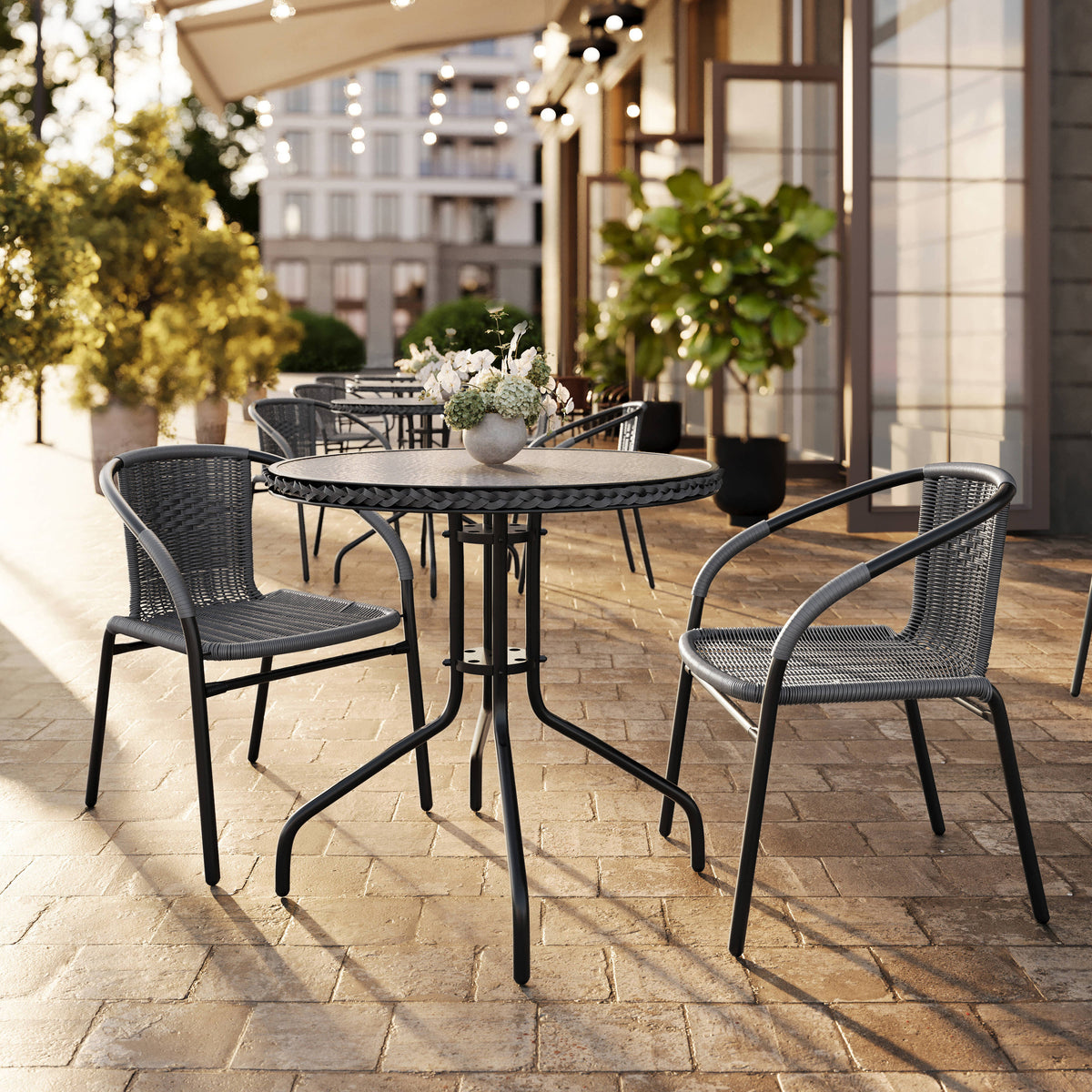 Flash Furniture TLH-087RD-037GY2-GG 28" RD Glass Metal Table with Gray Rattan Edging and 2 Gray Rattan Stack Chairs - View 2