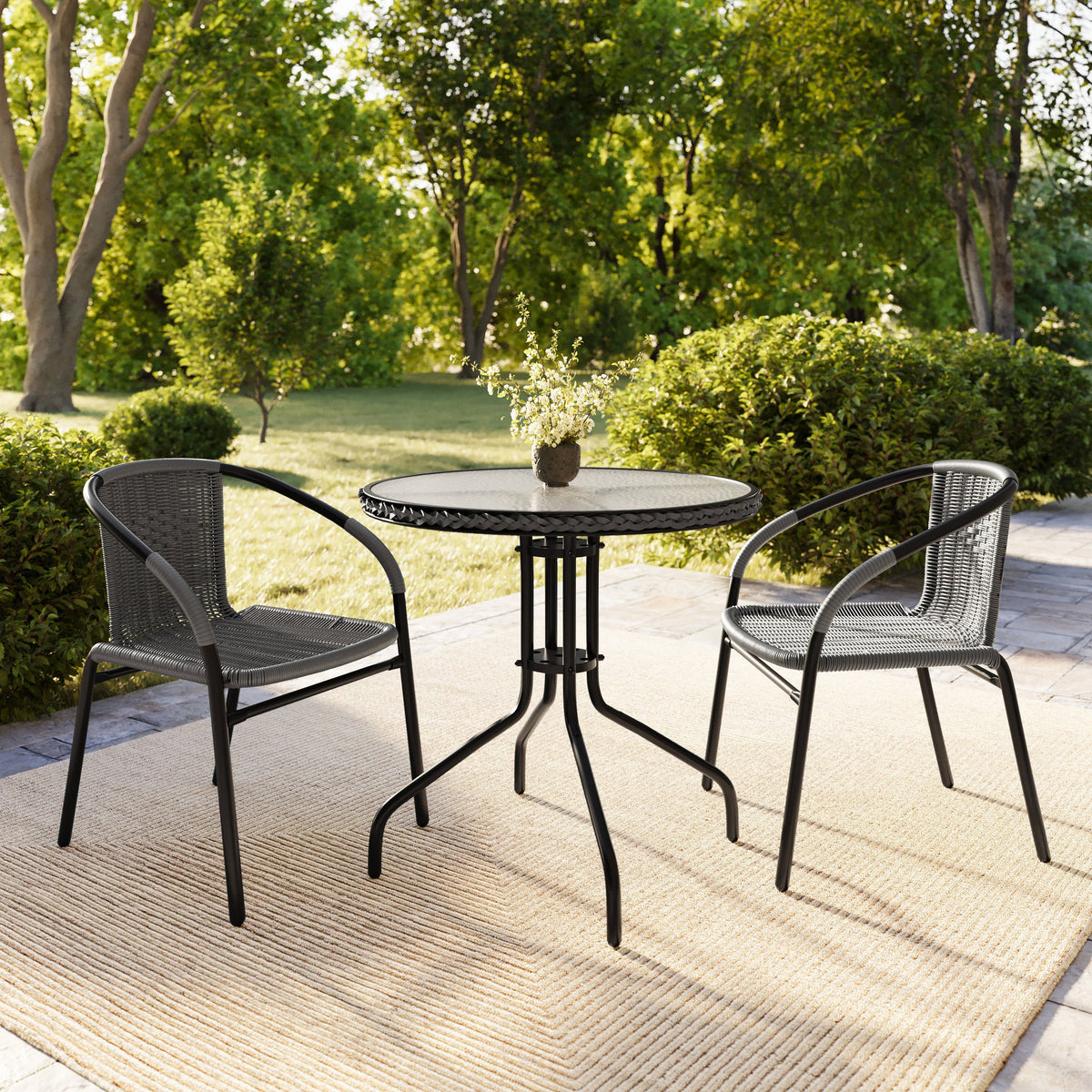 Flash Furniture TLH-087RD-037GY2-GG 28" RD Glass Metal Table with Gray Rattan Edging and 2 Gray Rattan Stack Chairs - View 8