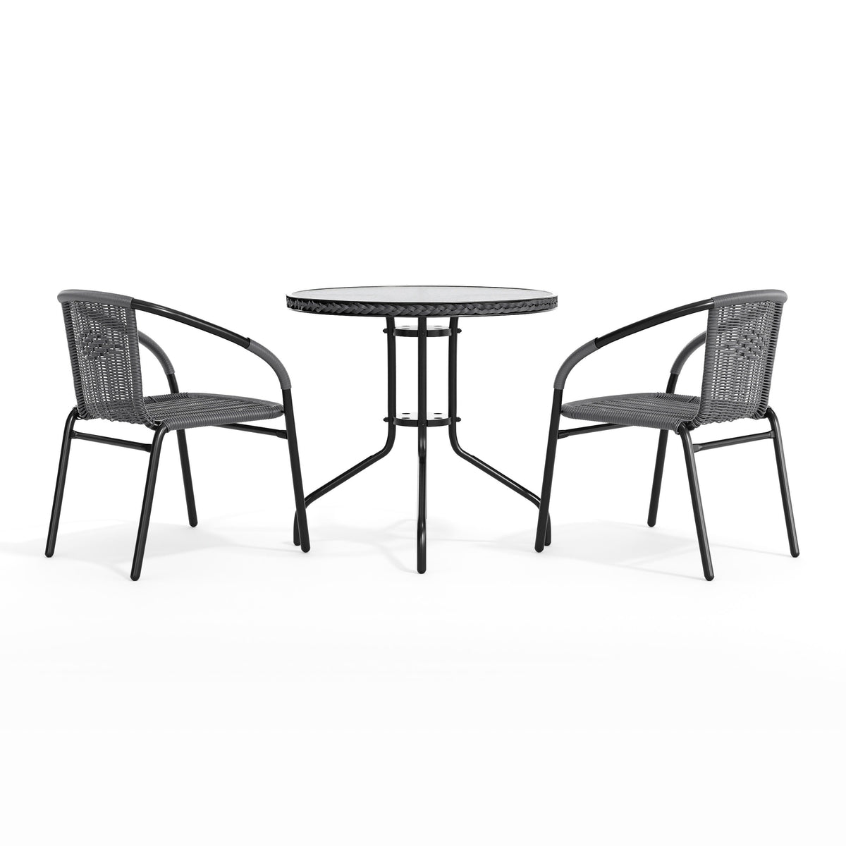Flash Furniture TLH-087RD-037GY2-GG 28" RD Glass Metal Table with Gray Rattan Edging and 2 Gray Rattan Stack Chairs - View 9