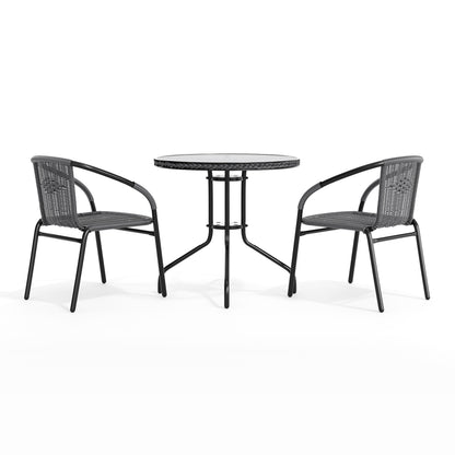 Flash Furniture TLH-087RD-037GY2-GG 28" RD Glass Metal Table with Gray Rattan Edging and 2 Gray Rattan Stack Chairs - View 9