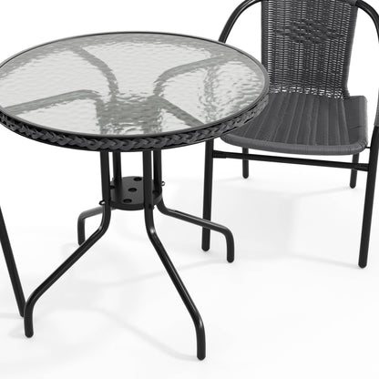 Flash Furniture TLH-087RD-037GY2-GG 28" RD Glass Metal Table with Gray Rattan Edging and 2 Gray Rattan Stack Chairs - View 10