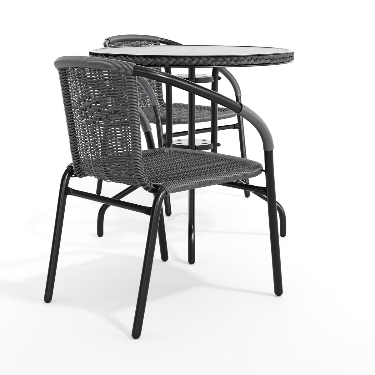 Flash Furniture TLH-087RD-037GY2-GG 28" RD Glass Metal Table with Gray Rattan Edging and 2 Gray Rattan Stack Chairs - View 11