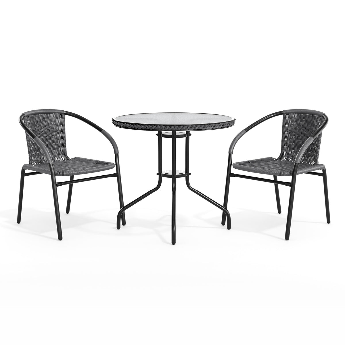 Flash Furniture TLH-087RD-037GY2-GG 28" RD Glass Metal Table with Gray Rattan Edging and 2 Gray Rattan Stack Chairs - View 12