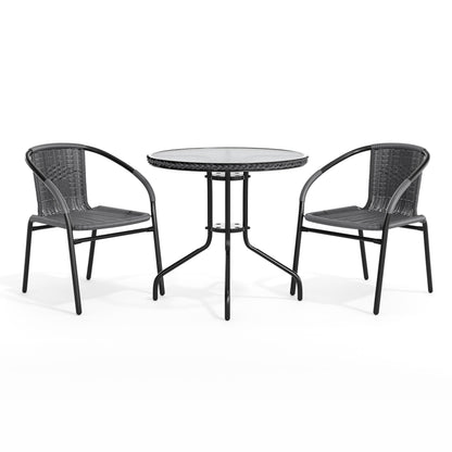 Flash Furniture TLH-087RD-037GY2-GG 28" RD Glass Metal Table with Gray Rattan Edging and 2 Gray Rattan Stack Chairs - View 12