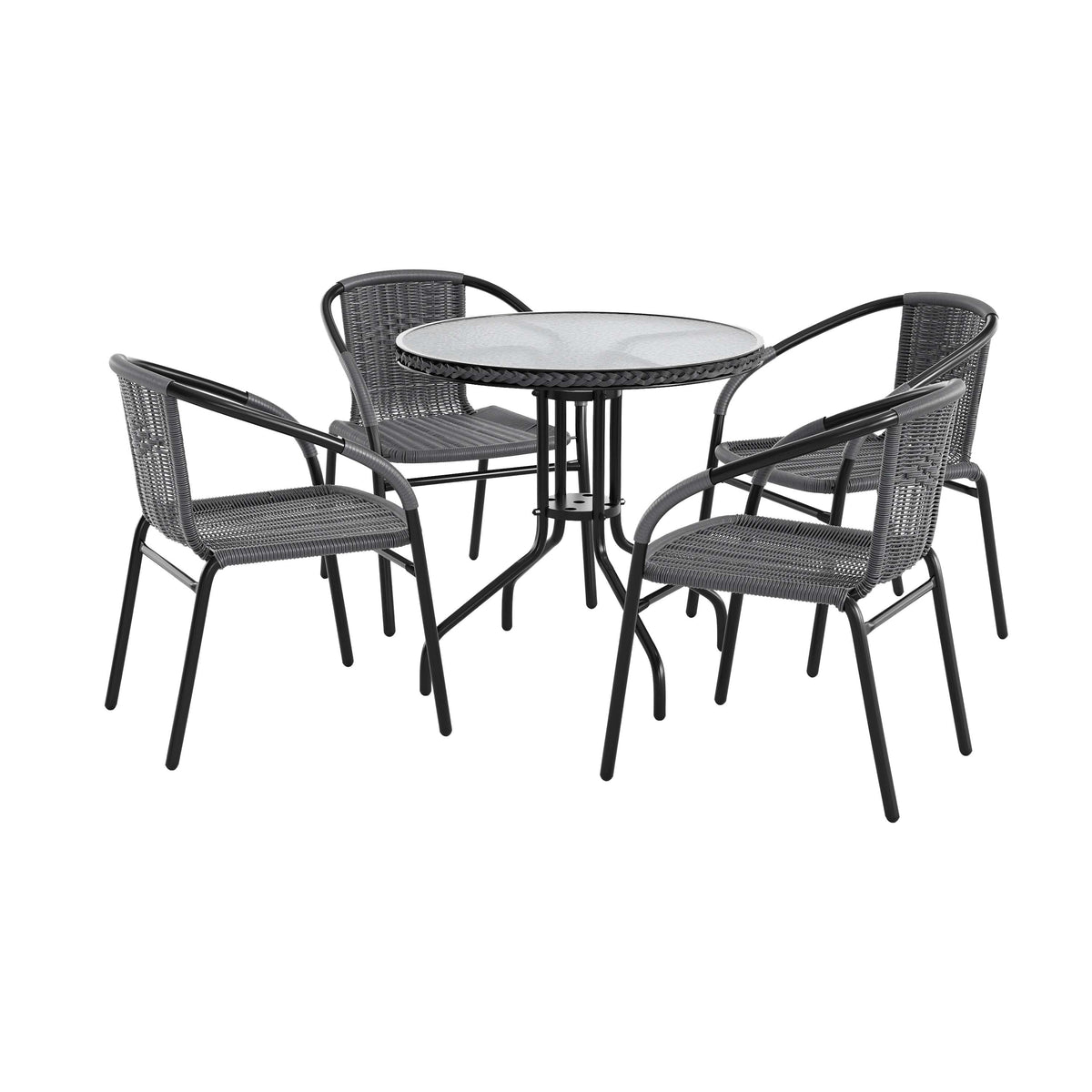 Flash Furniture TLH-087RD-037GY4-GG 28" RD Glass Metal Table with Gray Rattan Edging and 4 Gray Rattan Stack Chairs - Main view