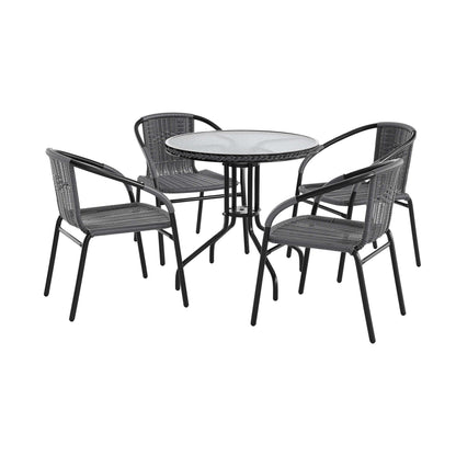 Flash Furniture TLH-087RD-037GY4-GG 28" RD Glass Metal Table with Gray Rattan Edging and 4 Gray Rattan Stack Chairs - Main view