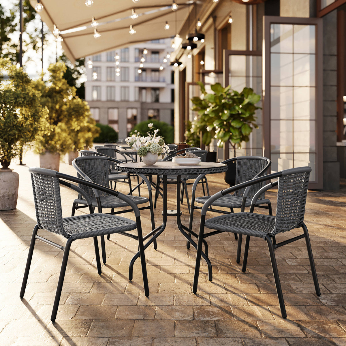Flash Furniture TLH-087RD-037GY4-GG 28" RD Glass Metal Table with Gray Rattan Edging and 4 Gray Rattan Stack Chairs - View 2