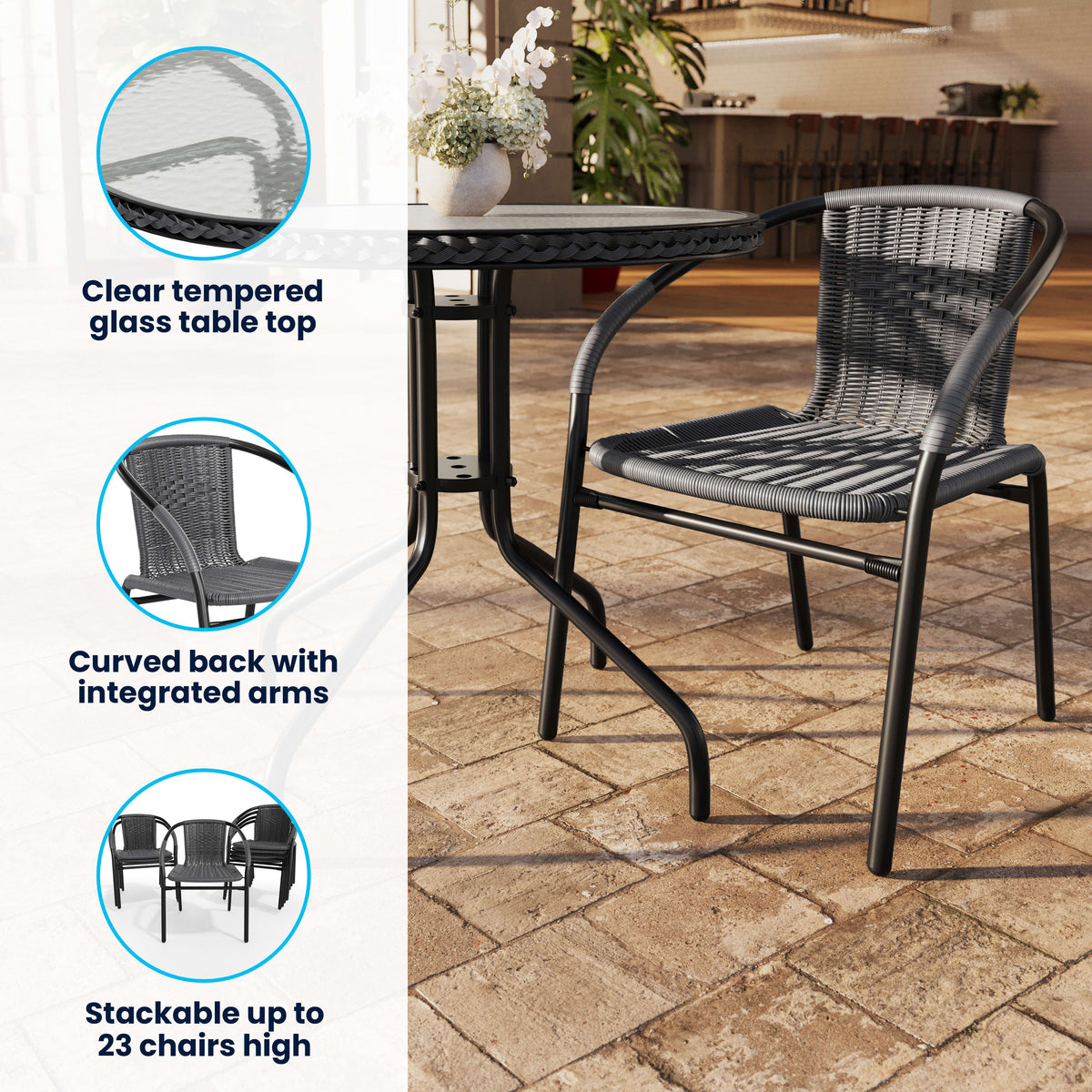Flash Furniture TLH-087RD-037GY4-GG 28" RD Glass Metal Table with Gray Rattan Edging and 4 Gray Rattan Stack Chairs - View 3
