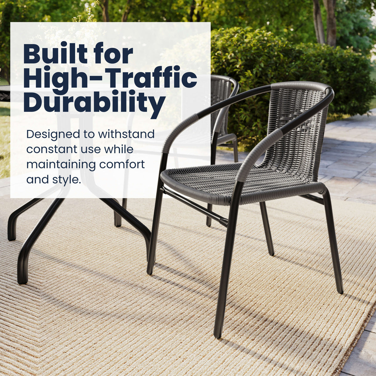 Flash Furniture TLH-087RD-037GY4-GG 28" RD Glass Metal Table with Gray Rattan Edging and 4 Gray Rattan Stack Chairs - View 4