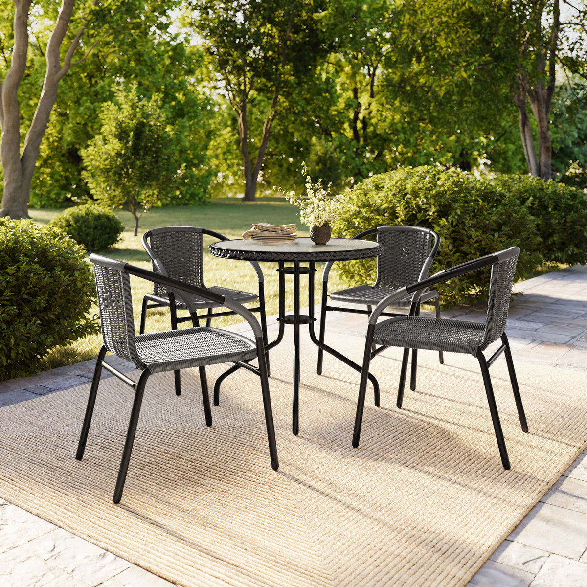 Flash Furniture TLH-087RD-037GY4-GG 28" RD Glass Metal Table with Gray Rattan Edging and 4 Gray Rattan Stack Chairs - View 8