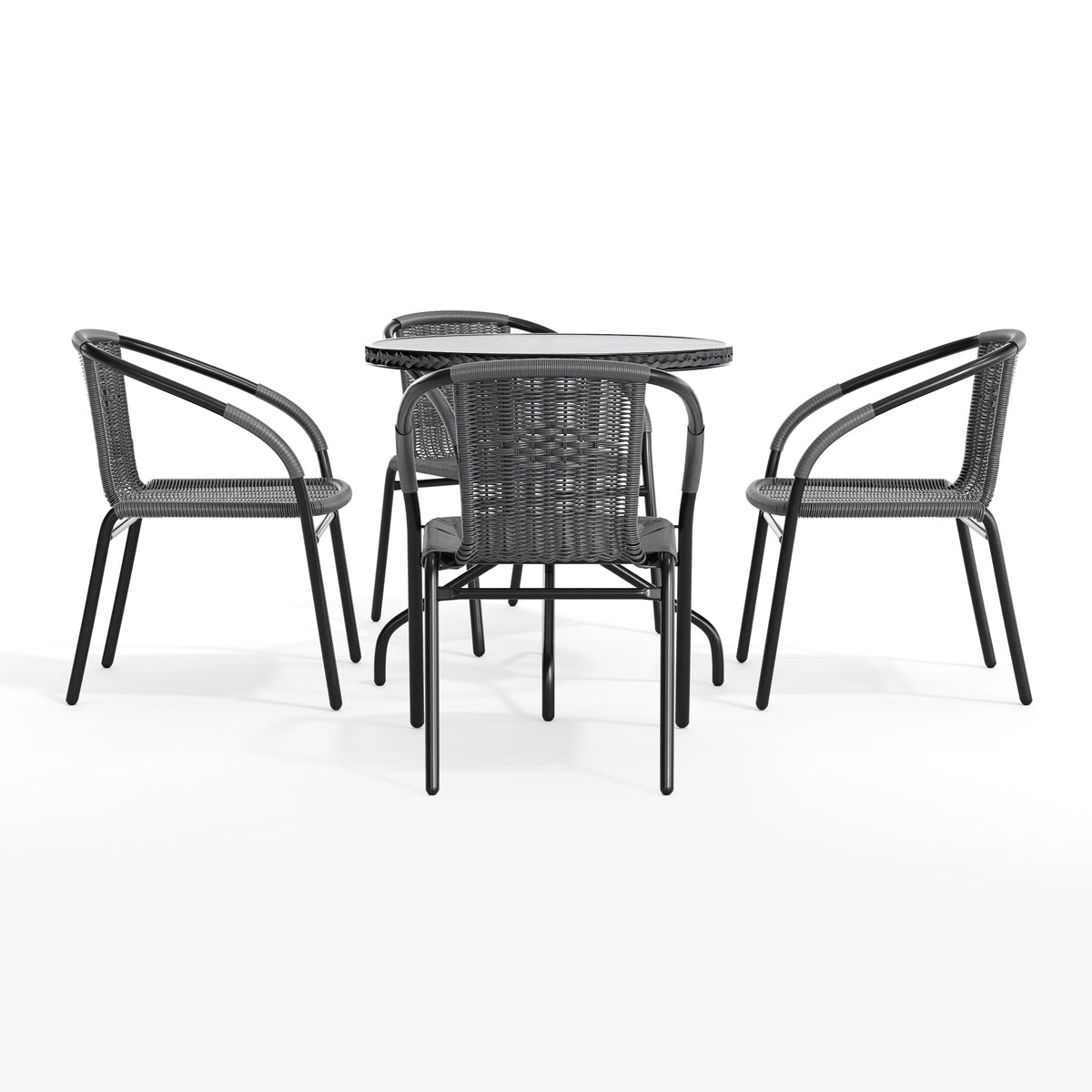 Flash Furniture TLH-087RD-037GY4-GG 28" RD Glass Metal Table with Gray Rattan Edging and 4 Gray Rattan Stack Chairs - View 9
